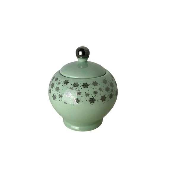 Ciroa Luxe Snowflake Mint Green & Silver Porcelain Sugar Bowl with Lid - Picture 1 of 4